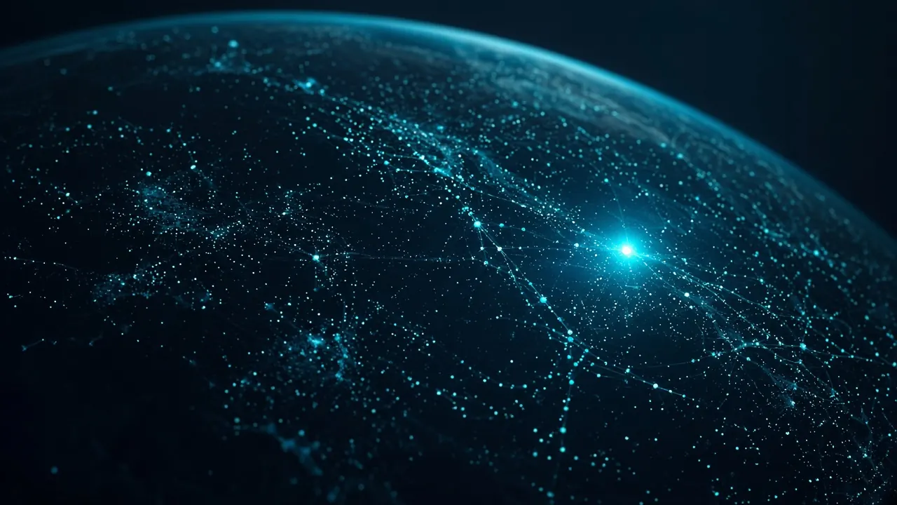 Dark globe of city lights with a single cyan pulse