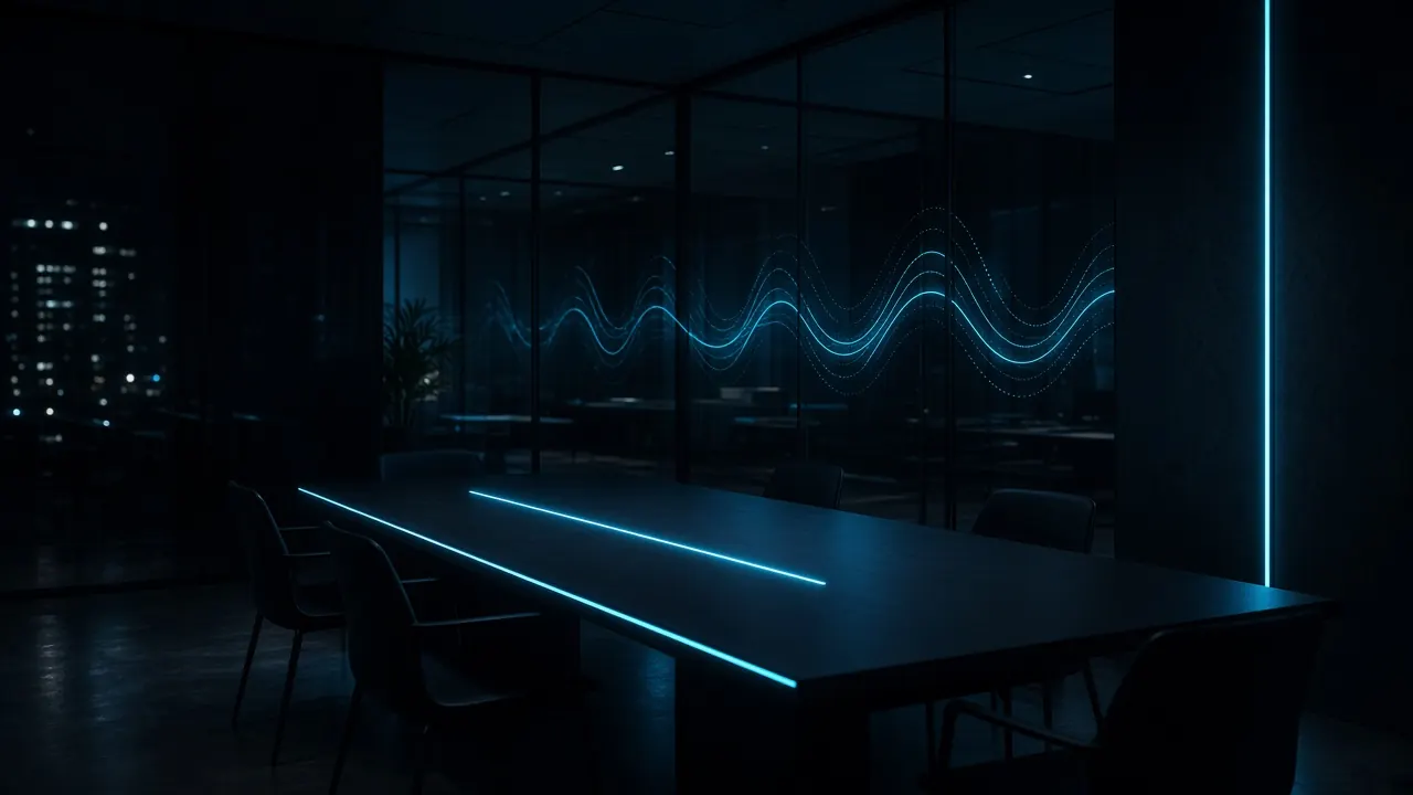 Empty night-time conference room with cyan light across the table